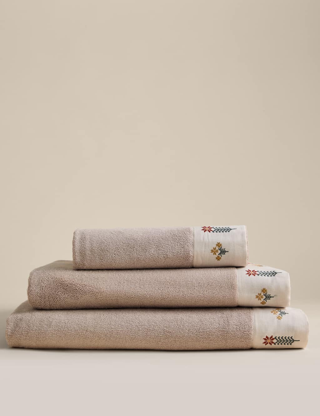 M&S Pure Cotton Floral Embroidered Towel Taupe