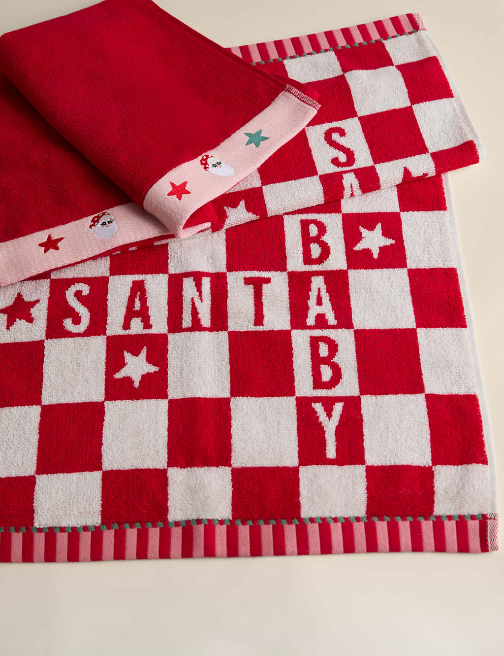 M&S 2 Pack Pure Cotton Santa Baby Christmas Hand Towels Red Mix