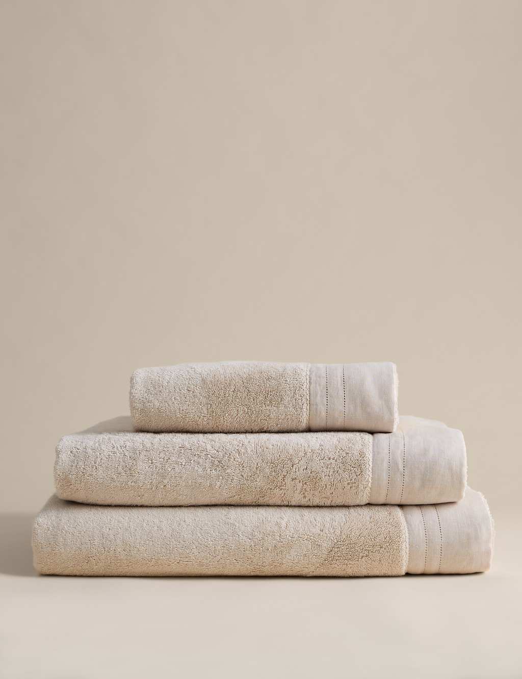 M&S Pure Cotton Towel with Linen Border - Bath Towel - Light Buff