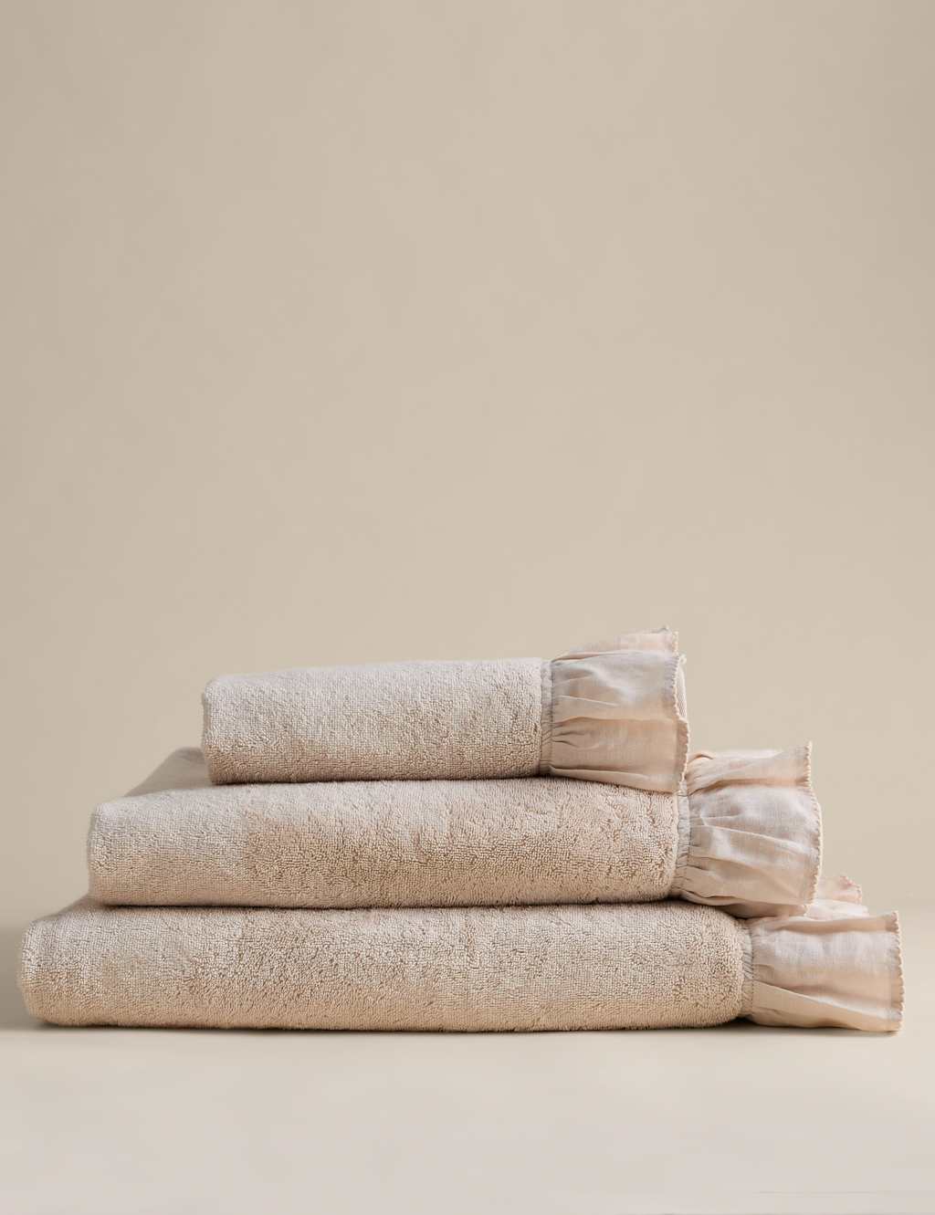 M&S Pure Cotton Ruffle Towel with Linen Border - Bath Towel - Light Buff