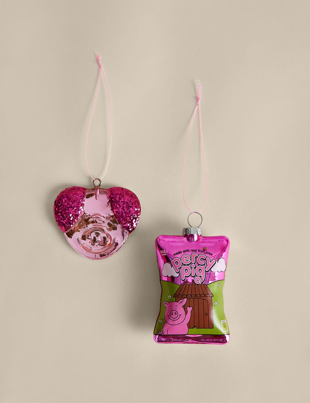 M&S 2 Pack Glitter Glass Percy Pig Baubles - Pink Mix