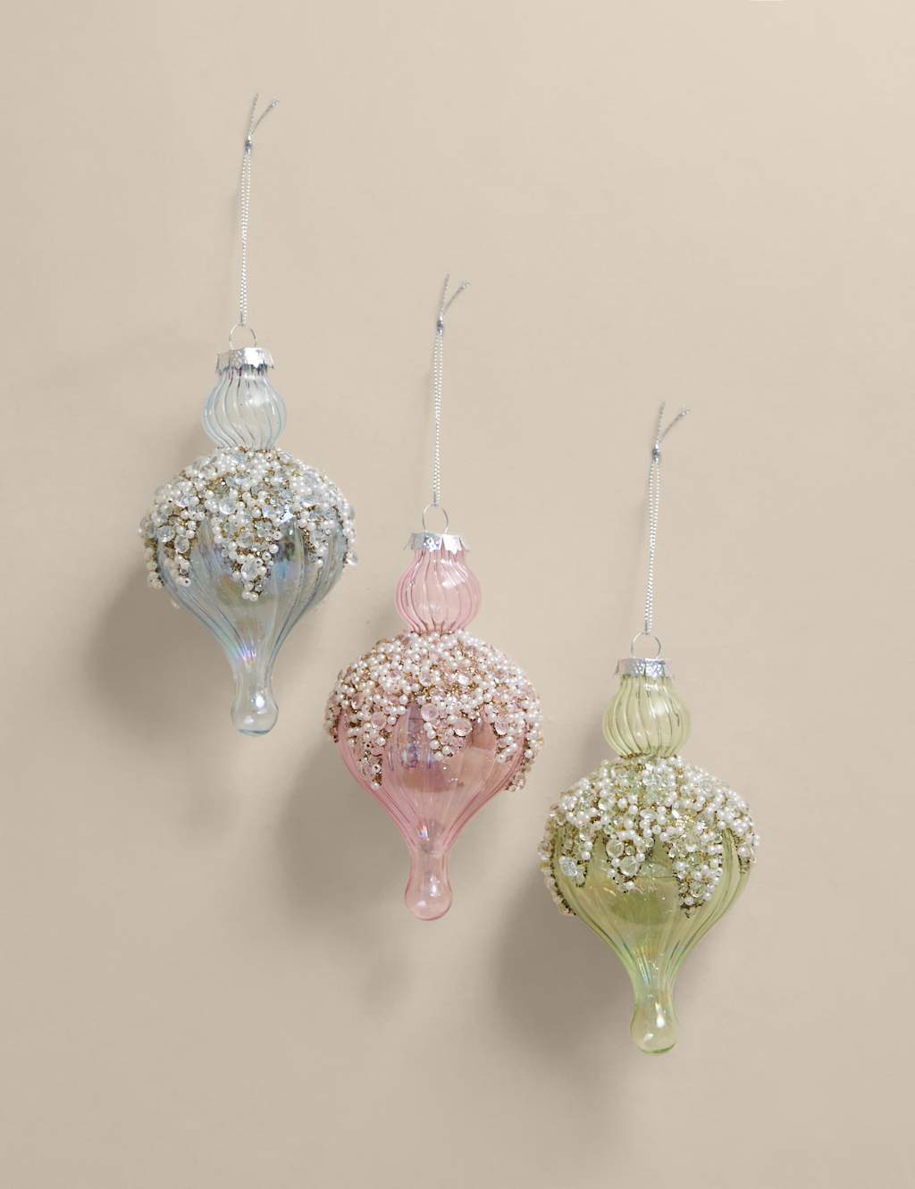 M&S 3pk Glass Embellished Finial Baubles Multi