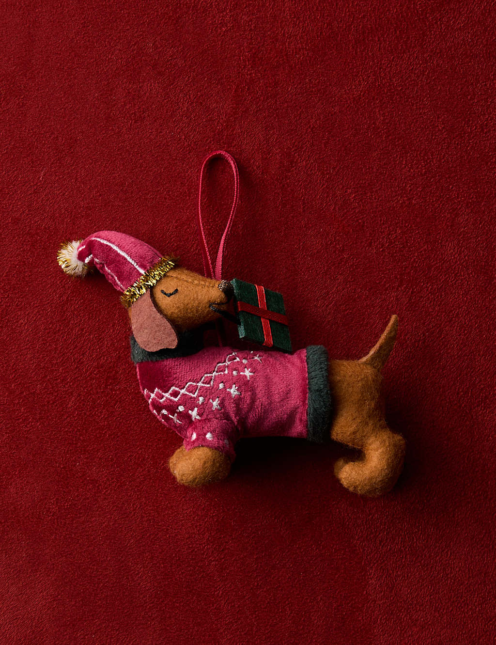 M&S Felt Hanging Sausage Dog Decoration Brown Mix