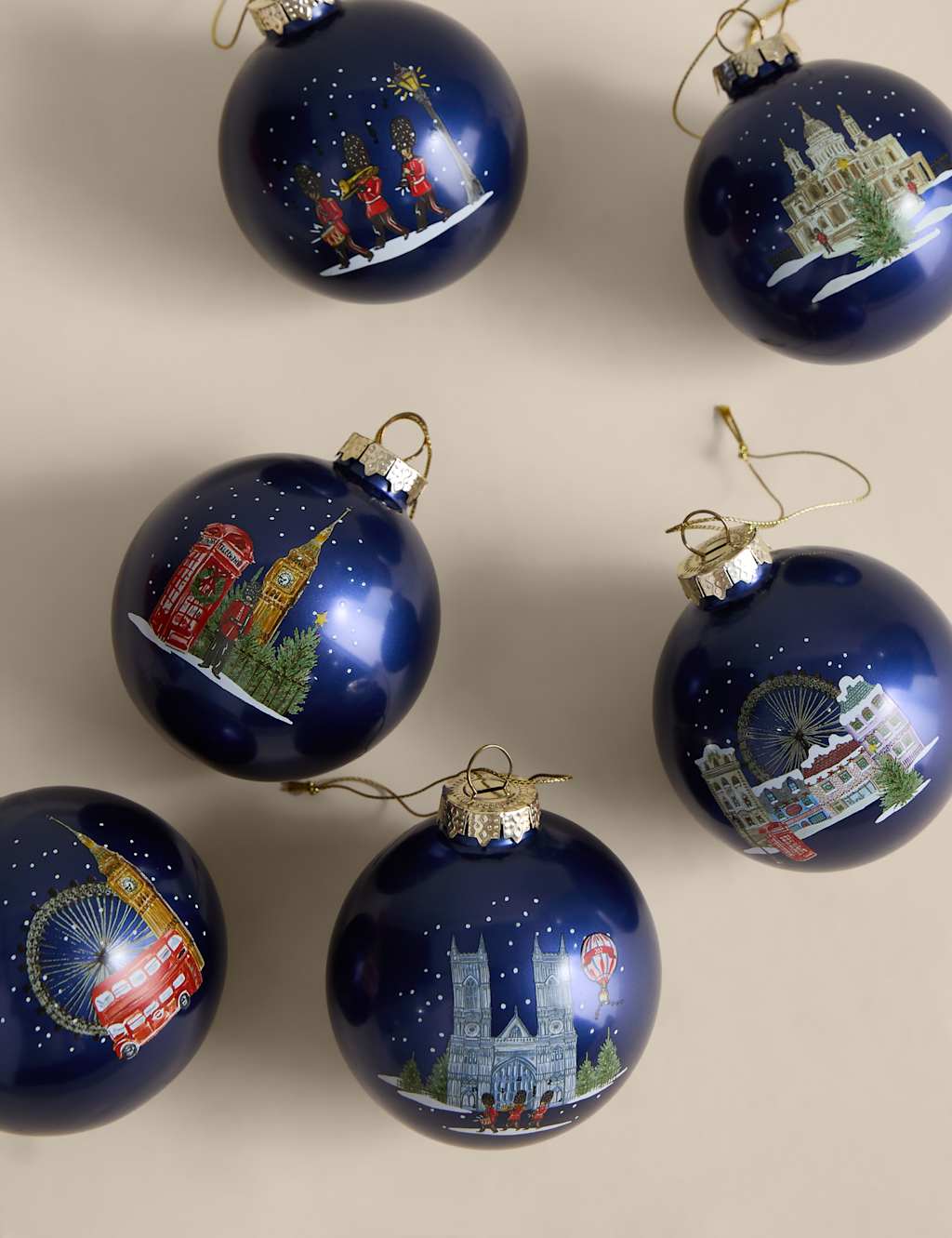 M&S 6pk Glass London Baubles Multi