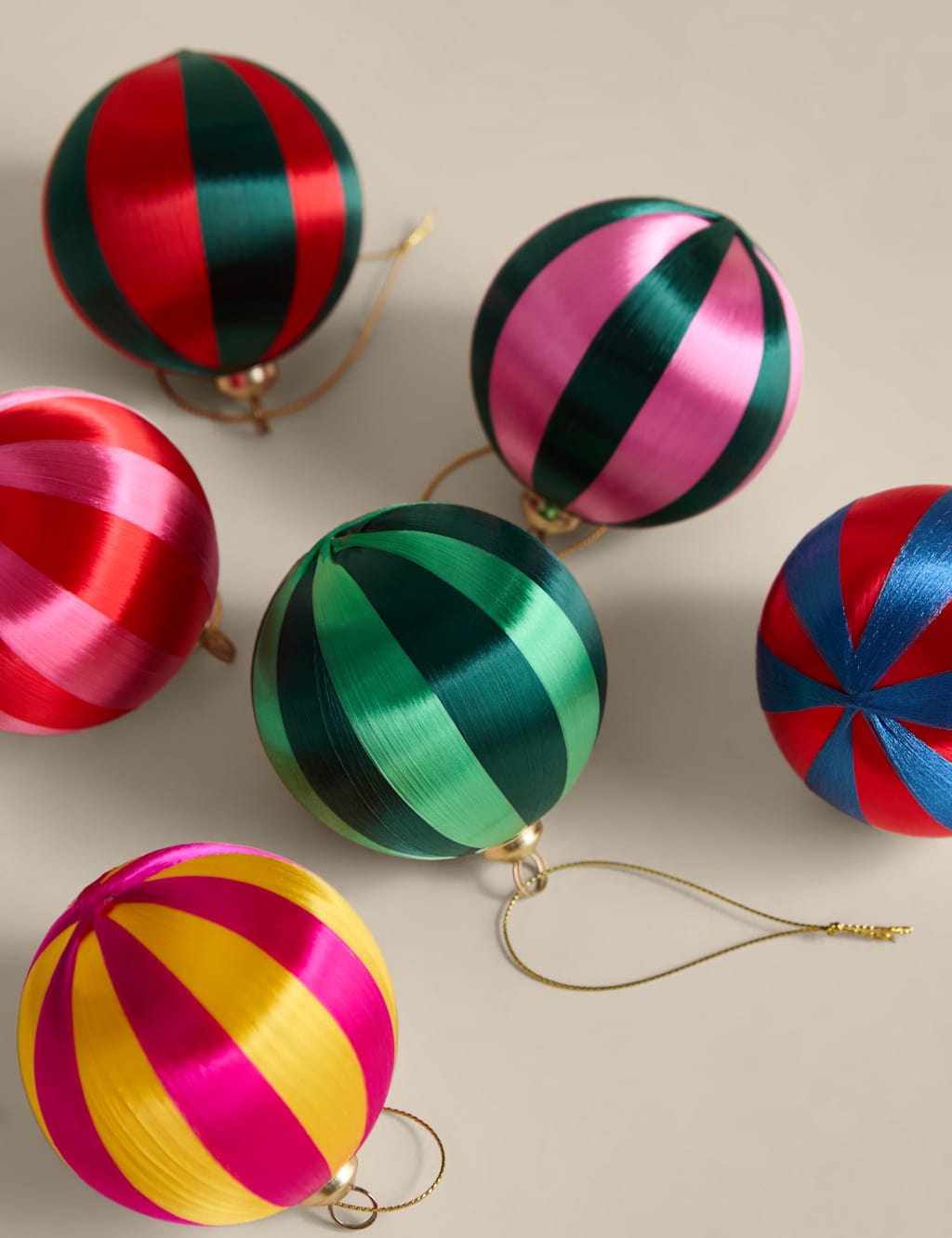 M&S 6pk Striped Shatterproof Baubles Multi