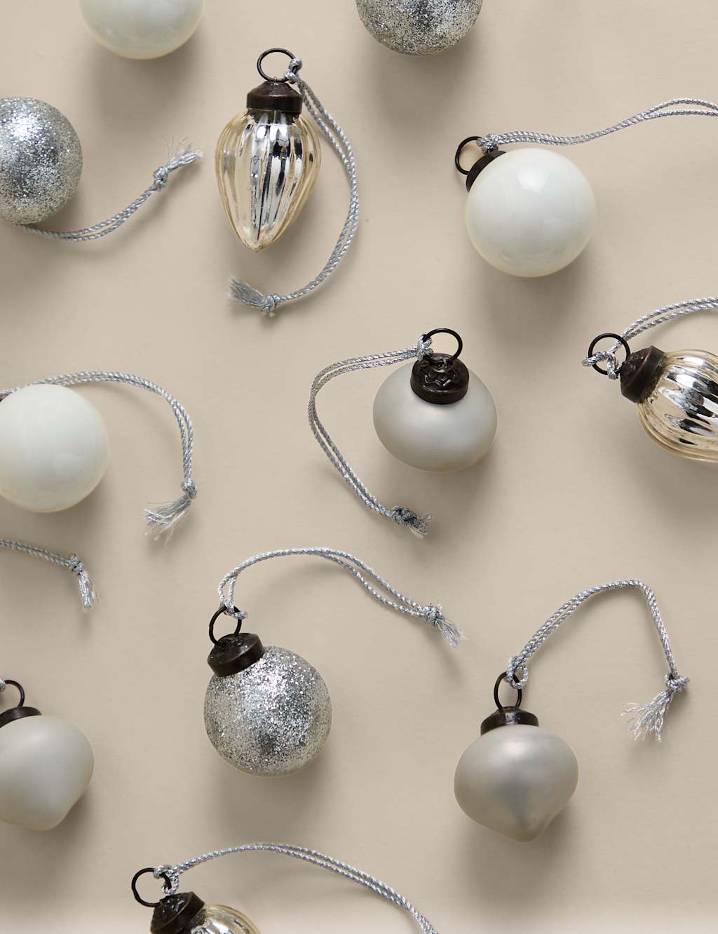 M&S 12 Pack Silver Glass Mini Baubles White Mix