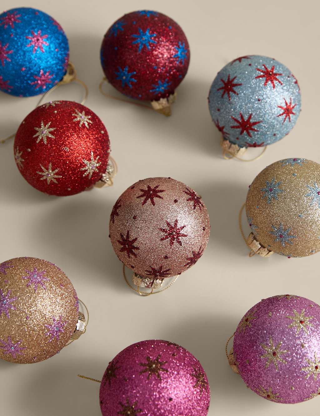 M&S 9pk Multicoloured Glitter Decorative Baubles Multi