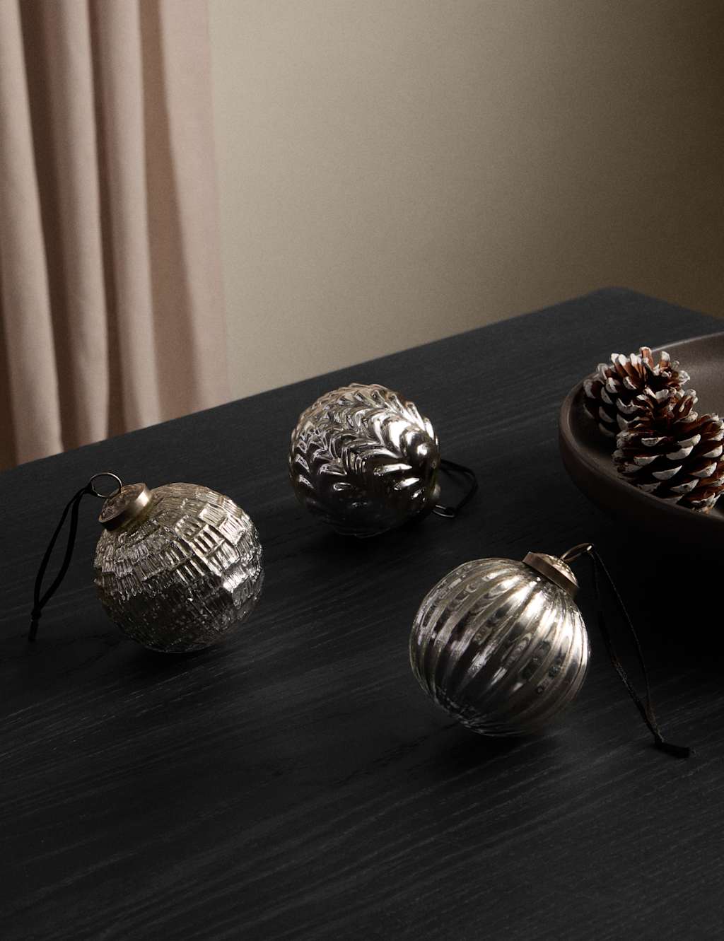 M&S 3pk Silver Glass Mercury Hanging Baubles Silver