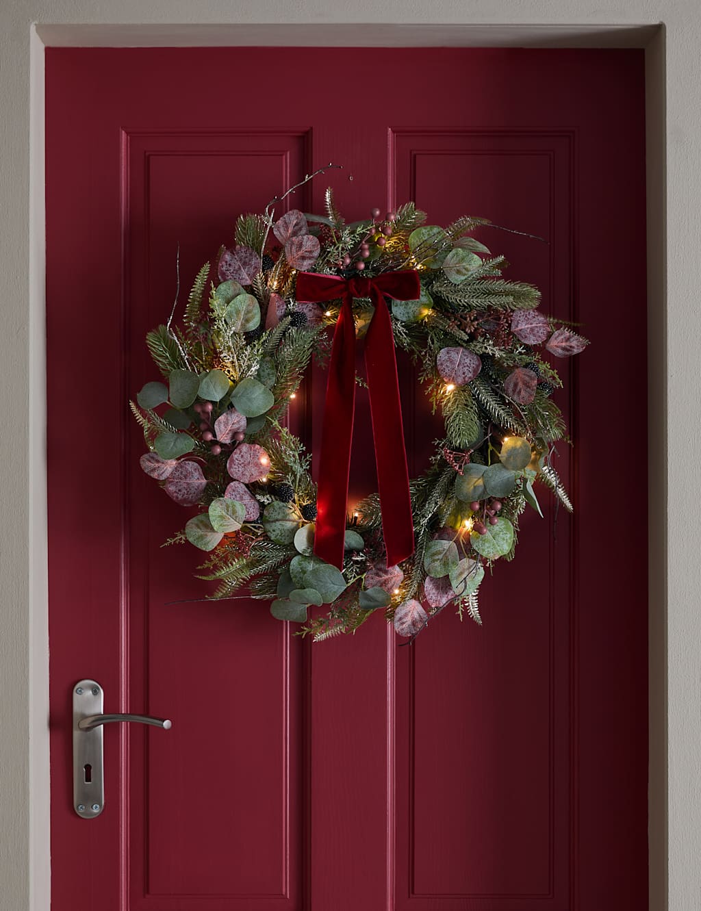 M&S Pre-Lit Frosted Fruit Bow Wreath Red Mix
