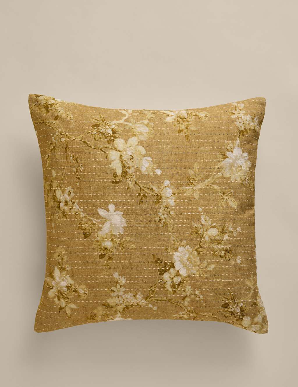 M&S Pure Cotton Floral Kantha Stitch Cushion Ochre