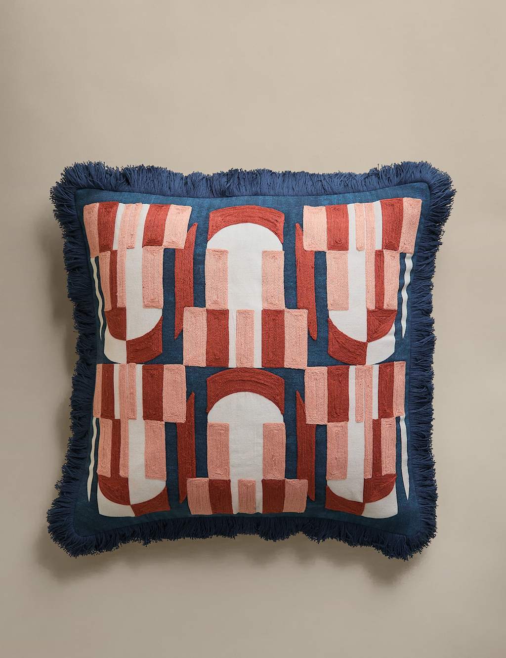 M&S Pure Cotton Geometric Embroidered Fringed Cushion Multi