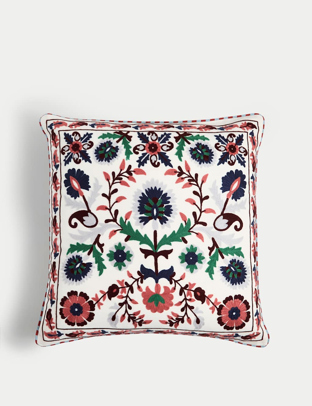 M&S Pure Cotton Embroidered Floral Cushion Green Mix