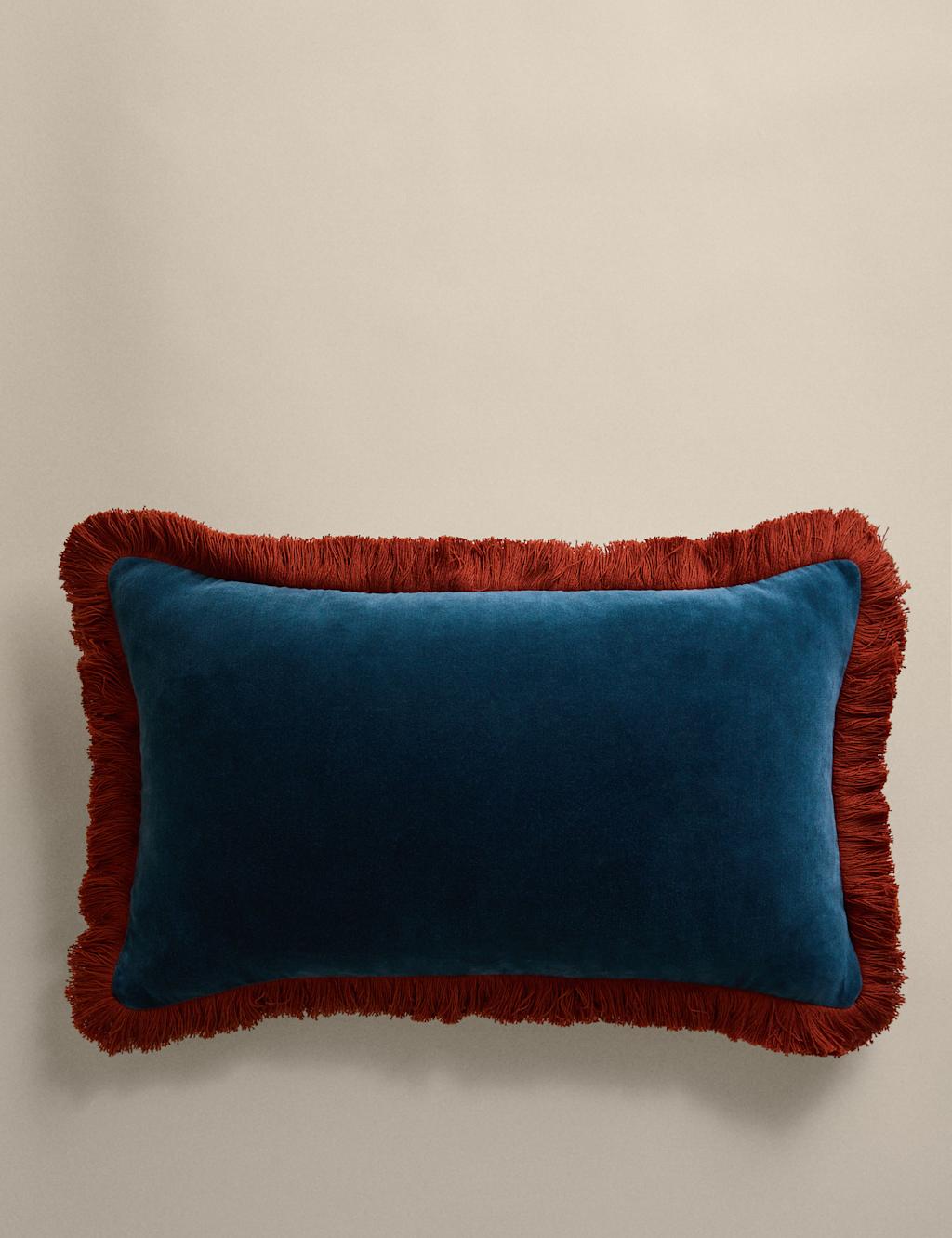 M&S Pure Cotton Velvet Fringe Bolster Cushion Teal