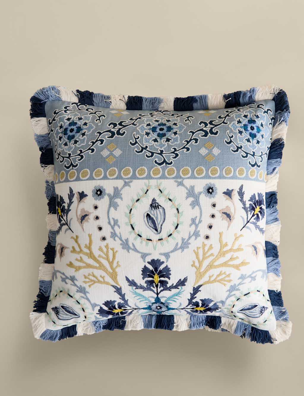 M&S Pure Cotton Coastal Embroidered Cushion Blue Mix