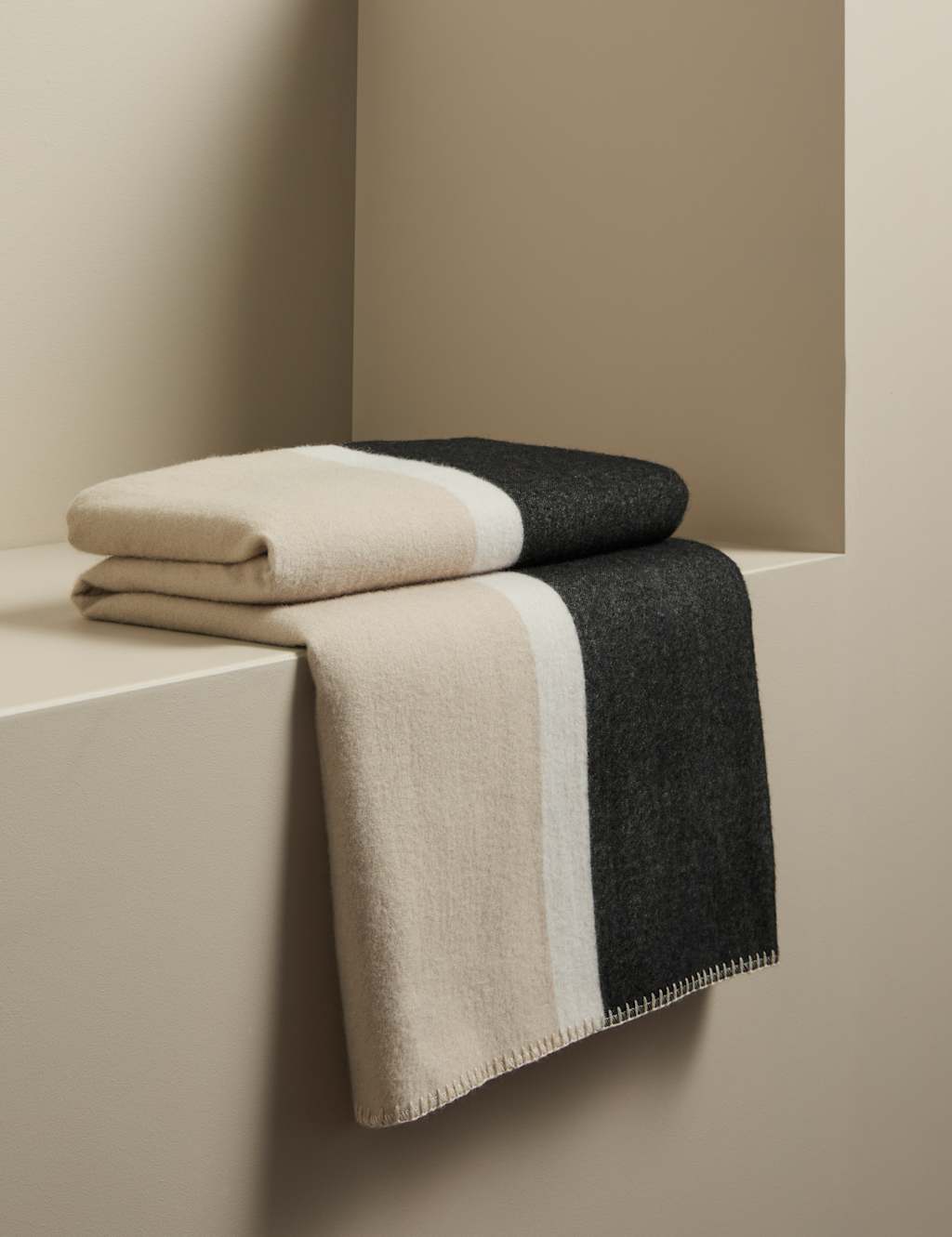 M&S X Kelly Hoppen Kelly Hoppen Wool Blend Colour Block Brushed Throw - Taupe Mix