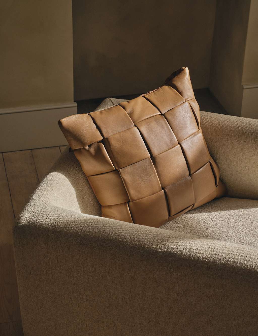 M&S Leather Basket Weave Cushion - Brown