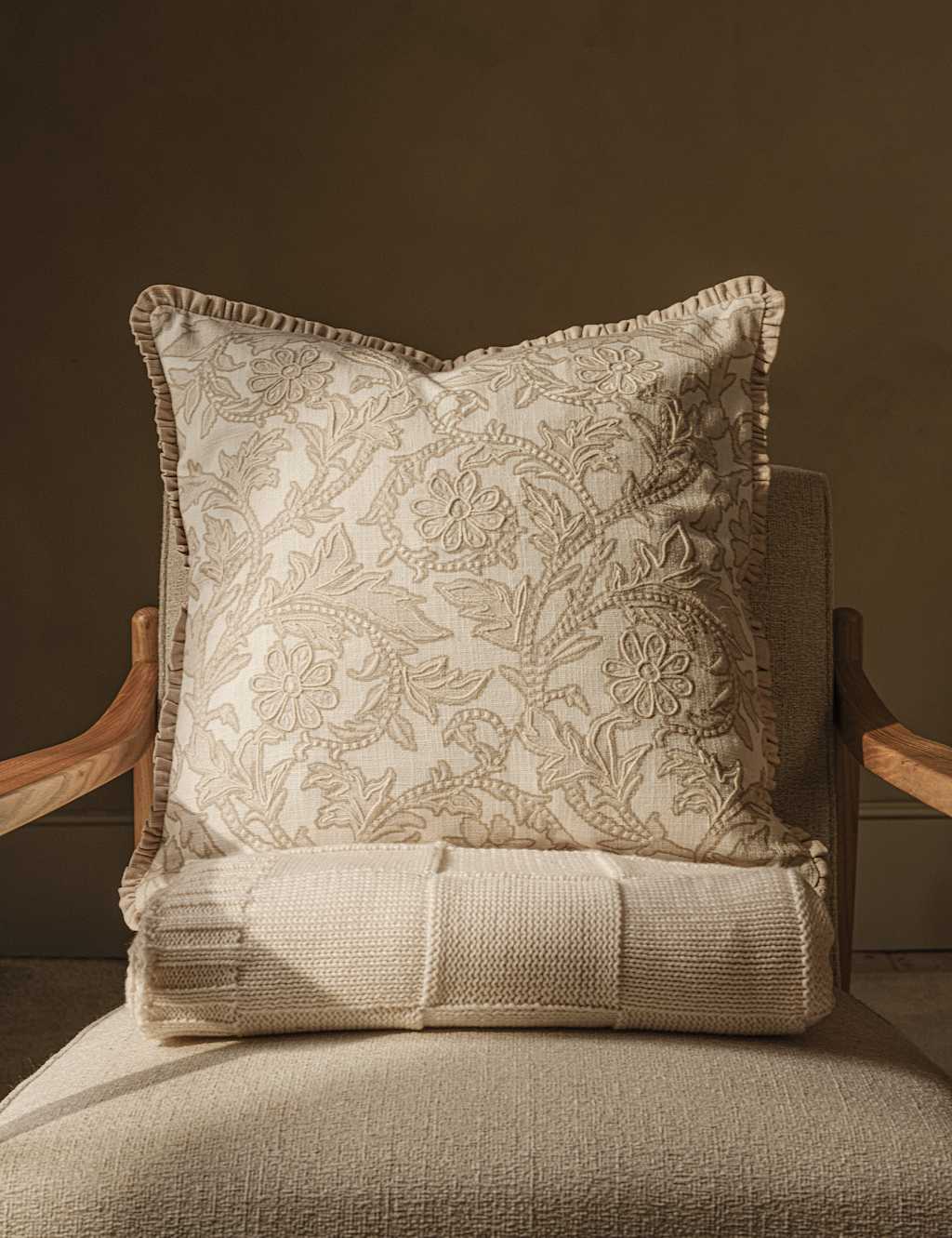 M&S Pure Cotton Floral Embroidered Cushion Natural Mix