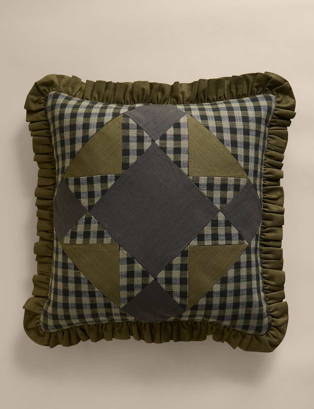 M&S Pure Cotton Patchwork Quilted Frill Cushion Green