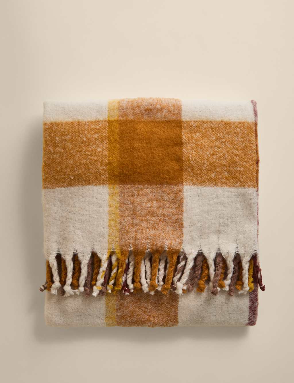 M&S Faux Mohair Checked Throw Honey