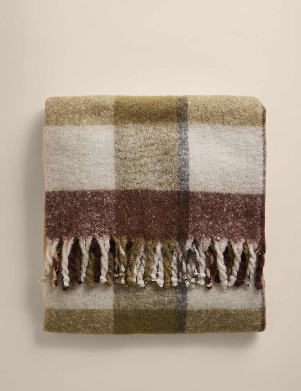 M&S Faux Mohair Checked Throw Olive