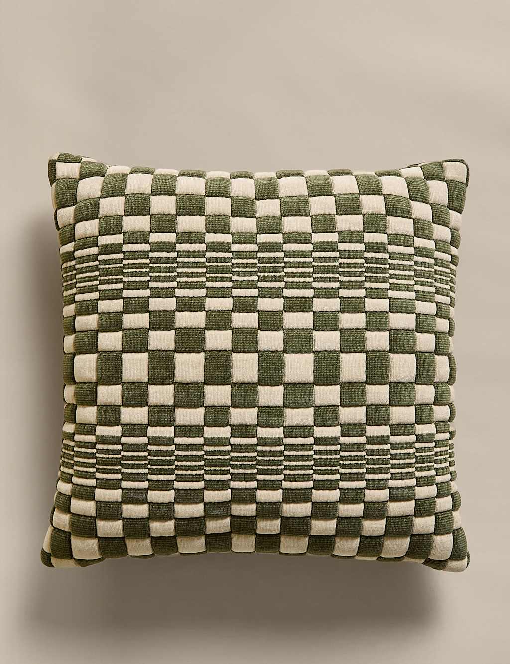 M&S Chenille Checked Quilted Cushion - Green Mix