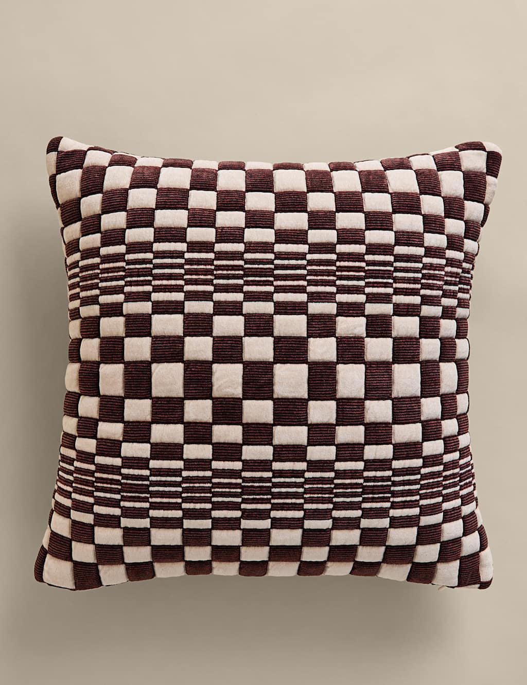 M&S Chenille Checked Quilted Cushion - Rust Mix