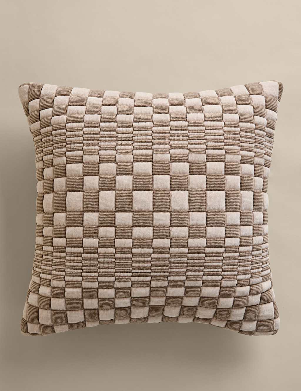 M&S Chenille Checked Quilted Cushion - Natural Mix