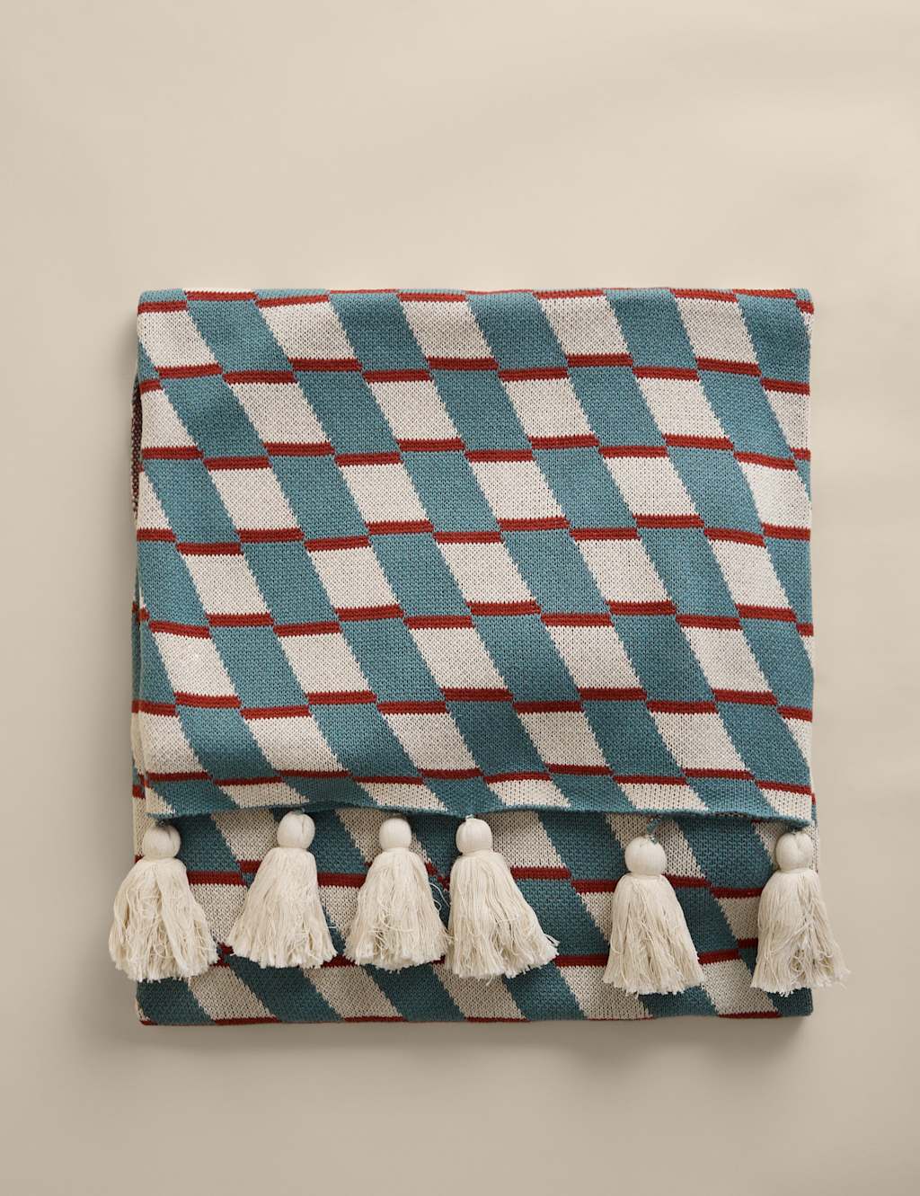 M&S Pure Cotton Geometric Knitted Tassel Throw Teal Mix