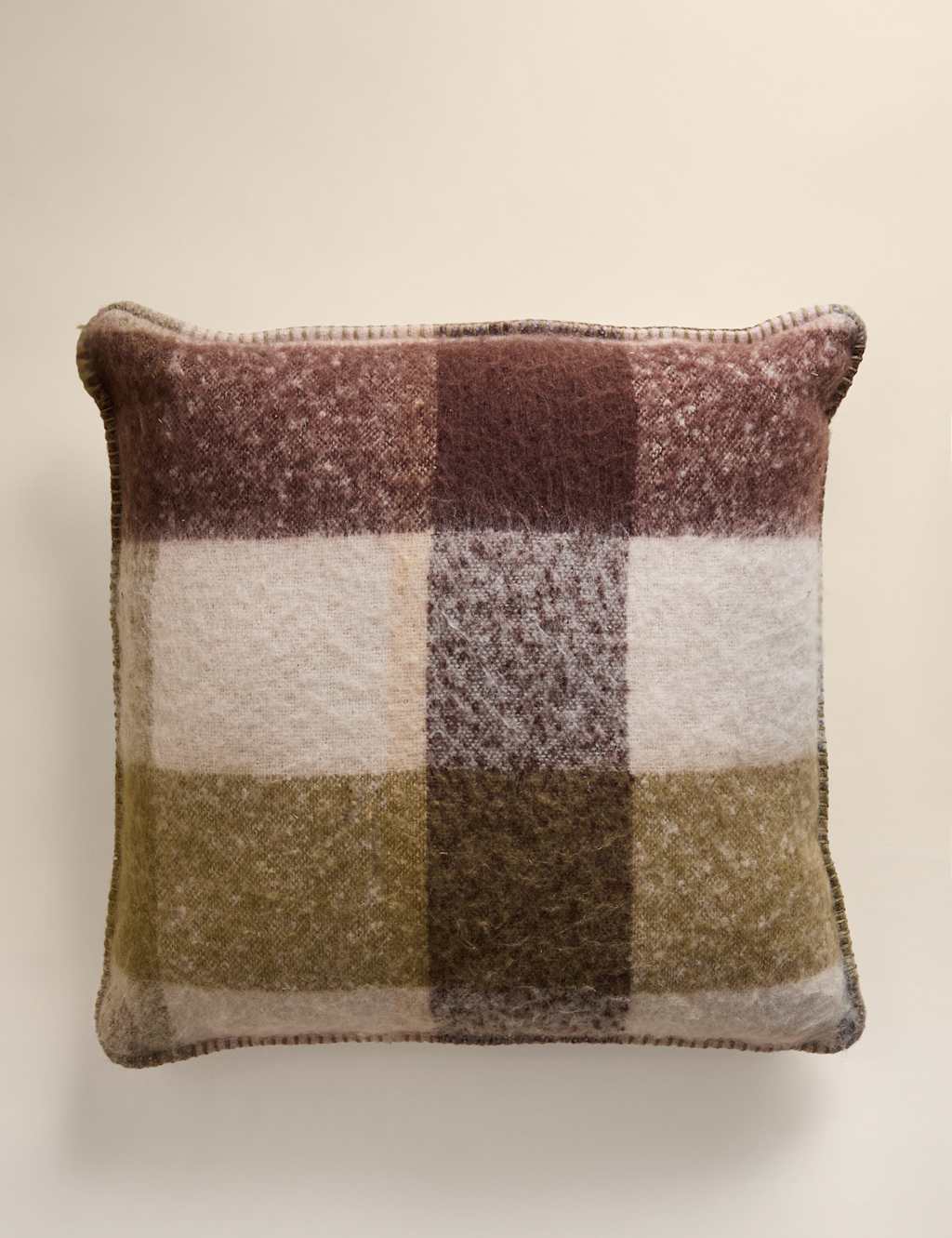 M&S Faux Mohair Brushed Checked Cushion Olive