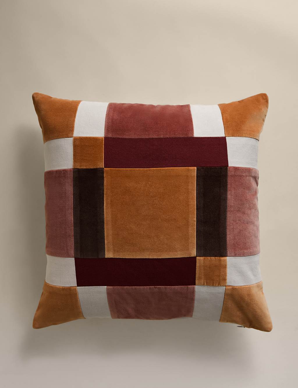 M&S Velvet Patchwork Cushion - Rust Mix