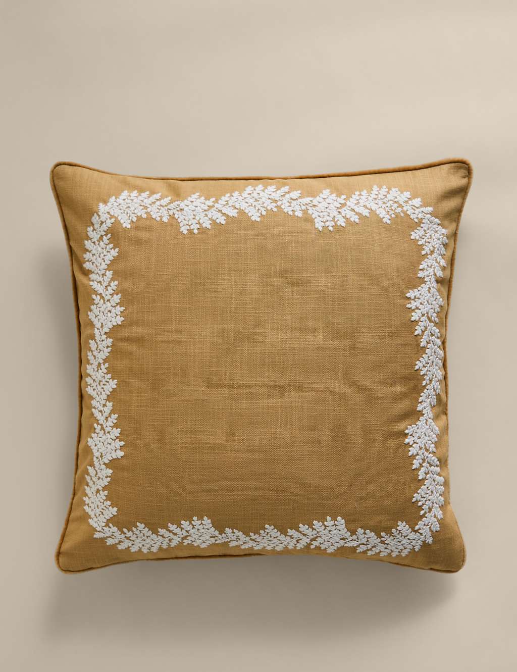 M&S Pure Cotton Embroidered Border Cushion Ochre