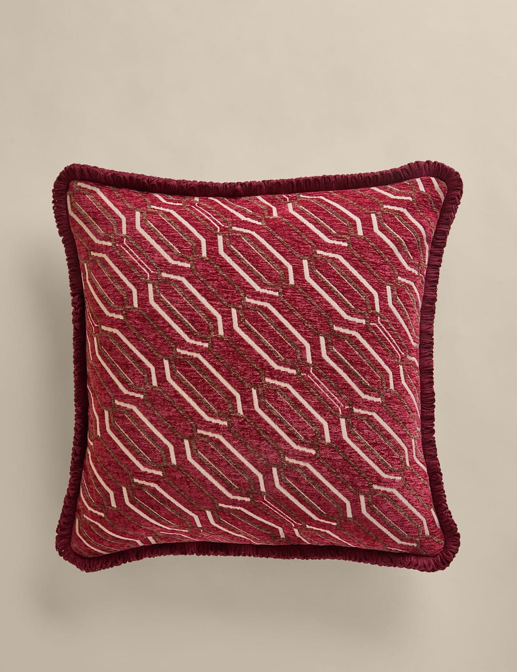 M&S Chenille Geometric Cushion Red Mix