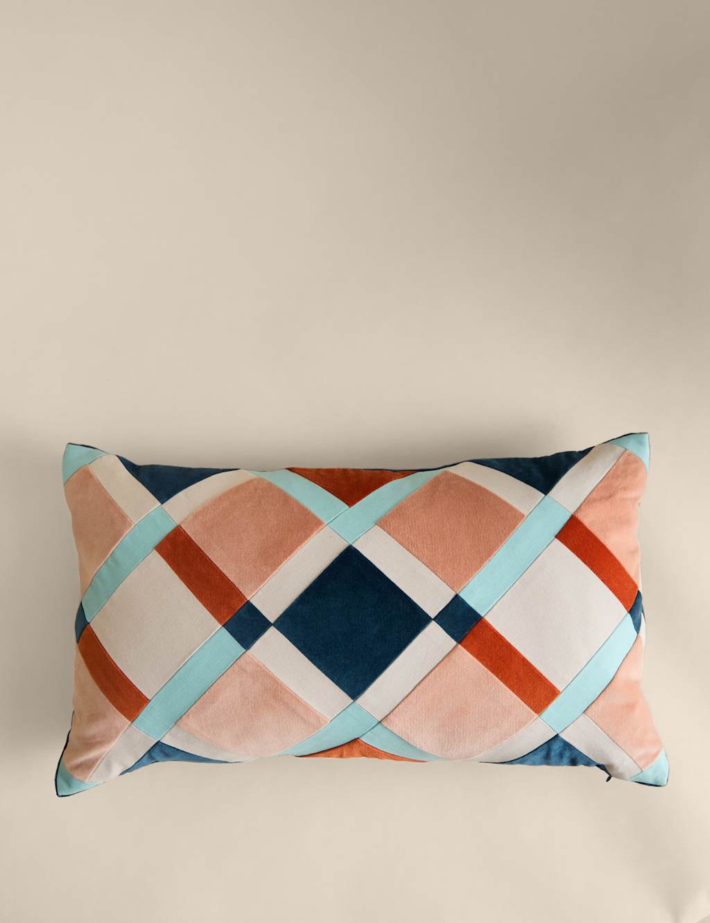M&S Velvet Geometric Patchwork Bolster Cushion Pink Mix