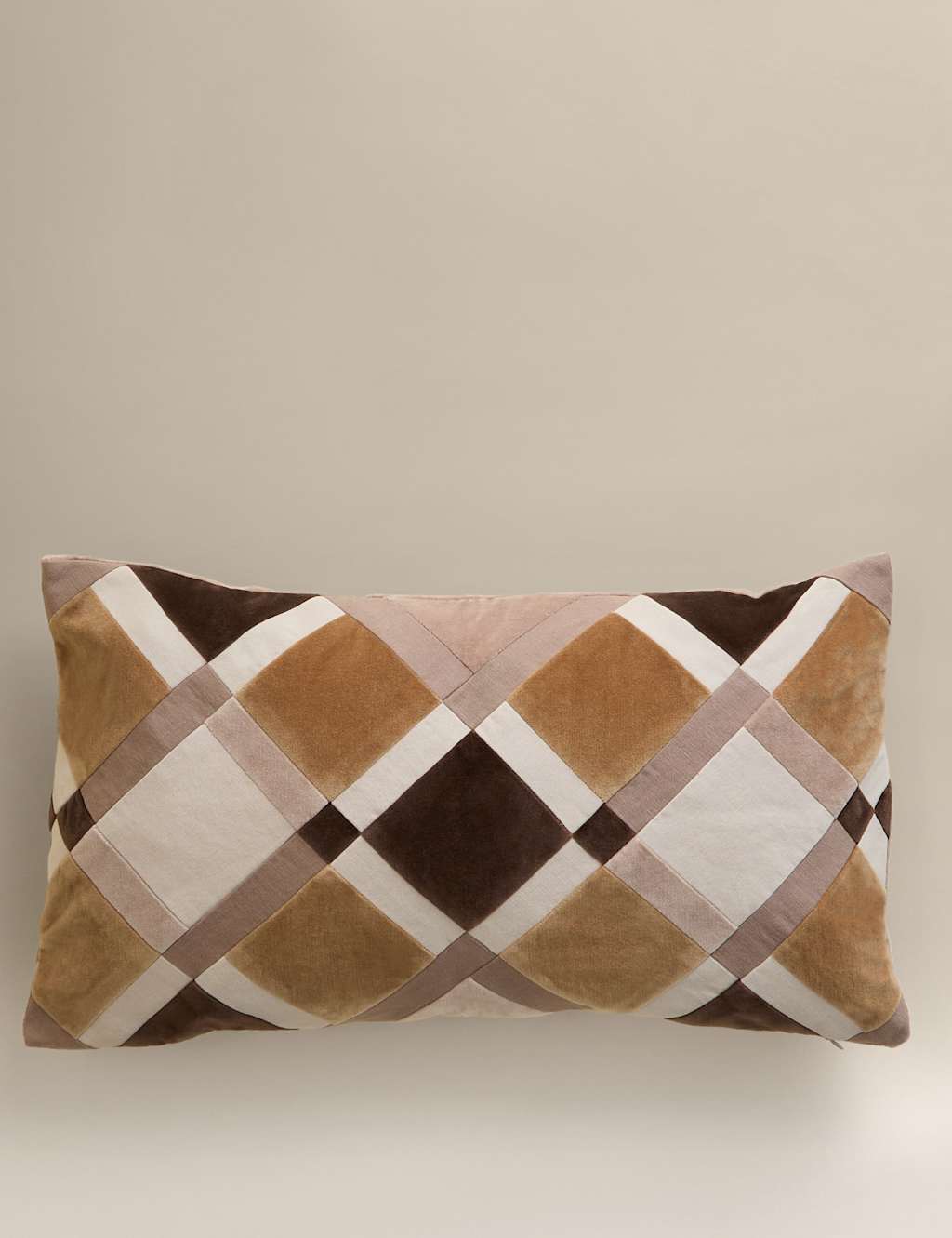 M&S Velvet Geometric Patchwork Bolster Cushion - Natural Mix