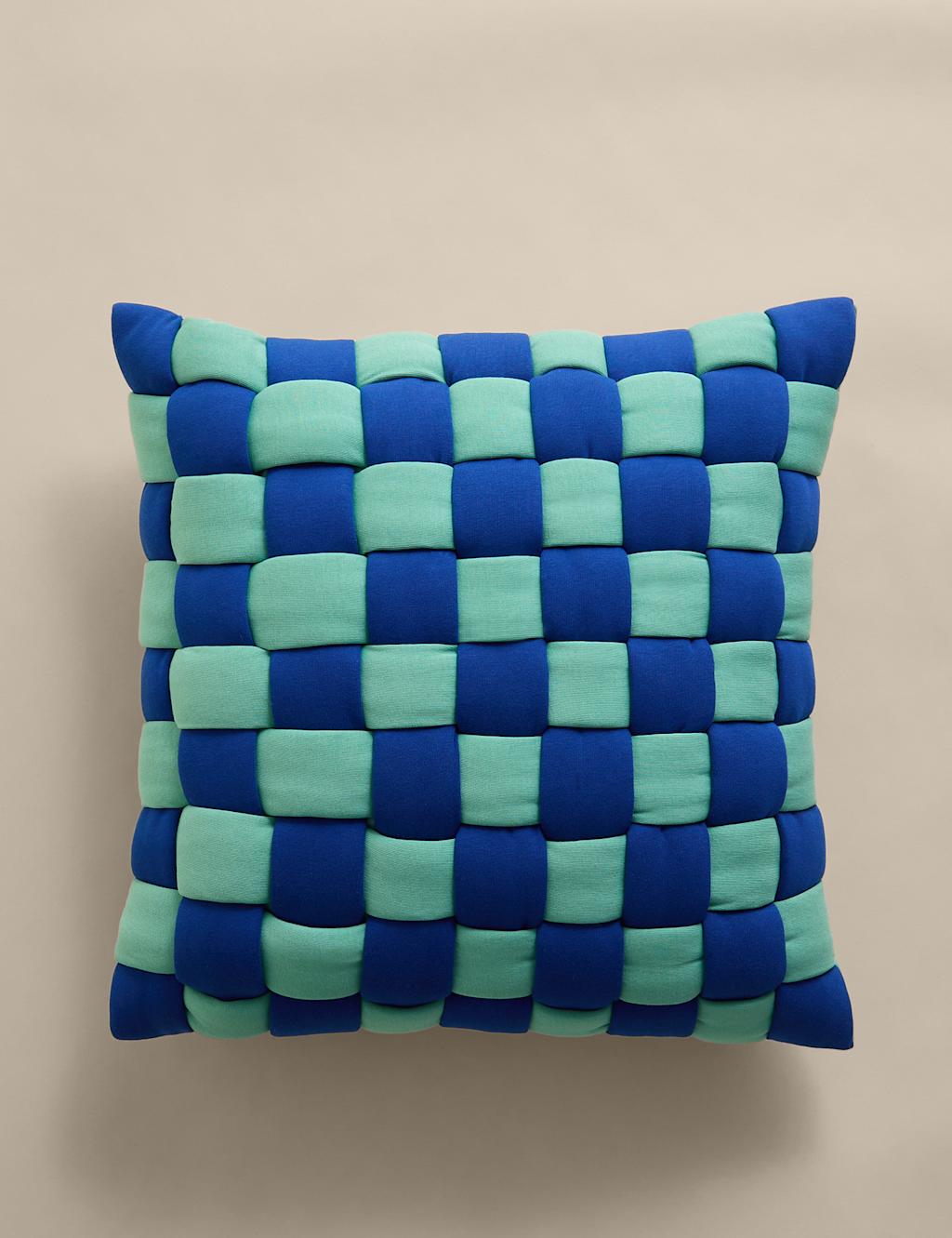 M&S Pure Cotton Basketweave Quilted Cushion Blue Mix