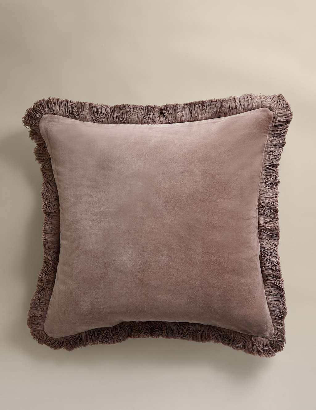 M&S Pure Cotton Velvet Fringed Cushion - Putty