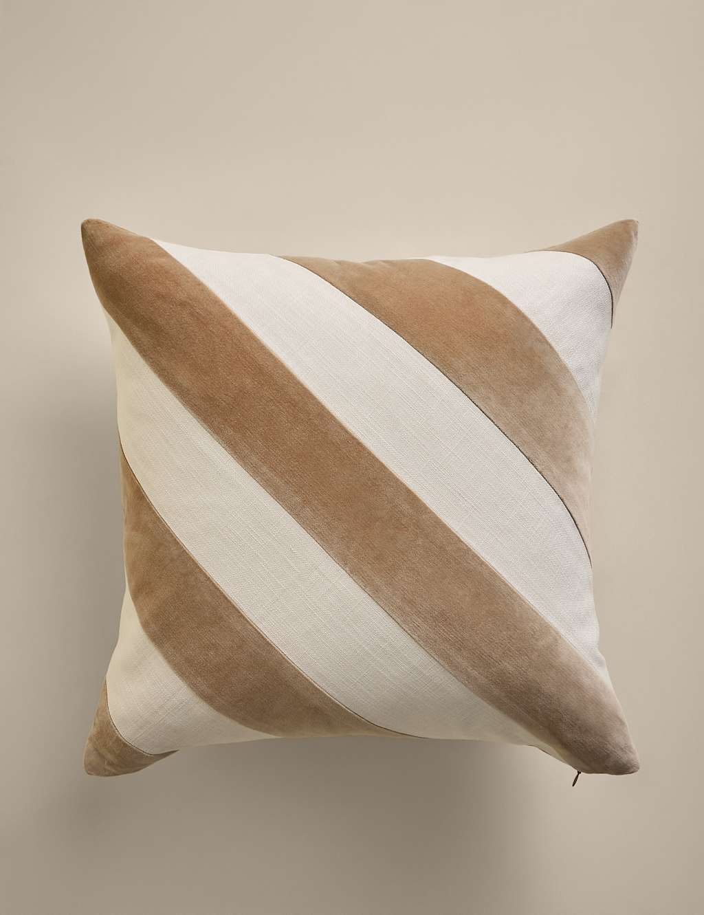 M&S Pure Cotton Velvet Diagonal Stripe Cushion - Biscuit