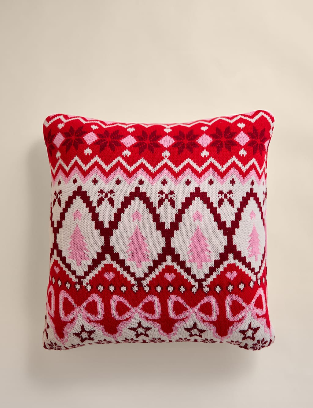 M&S Knitted Christmas Fair Isle Cushion Red Mix