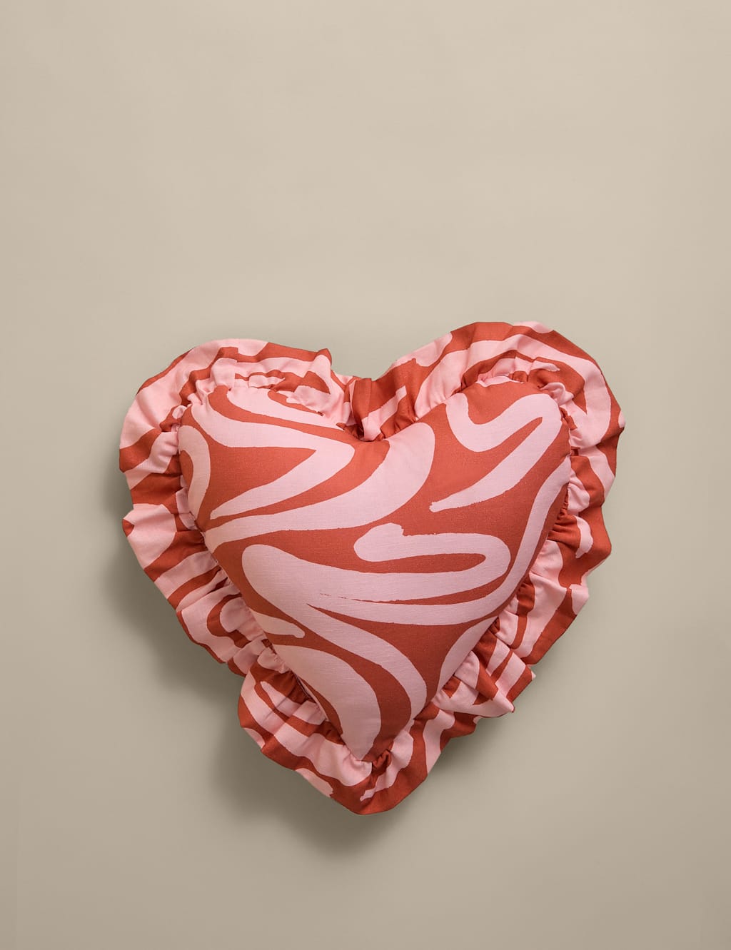 M&S Cotton Rich Printed Frilly Heart Cushion Red Mix