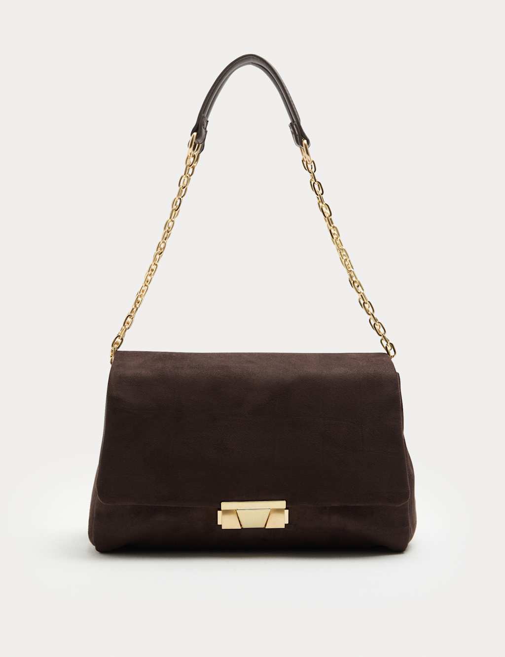 M&S Women's Suedette Croc Effect Double Chain Shoulder Bag - Chocolate