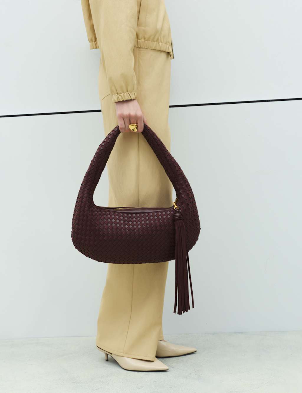 M&S Women's Woven Rounded Hobo Bag - Burgundy