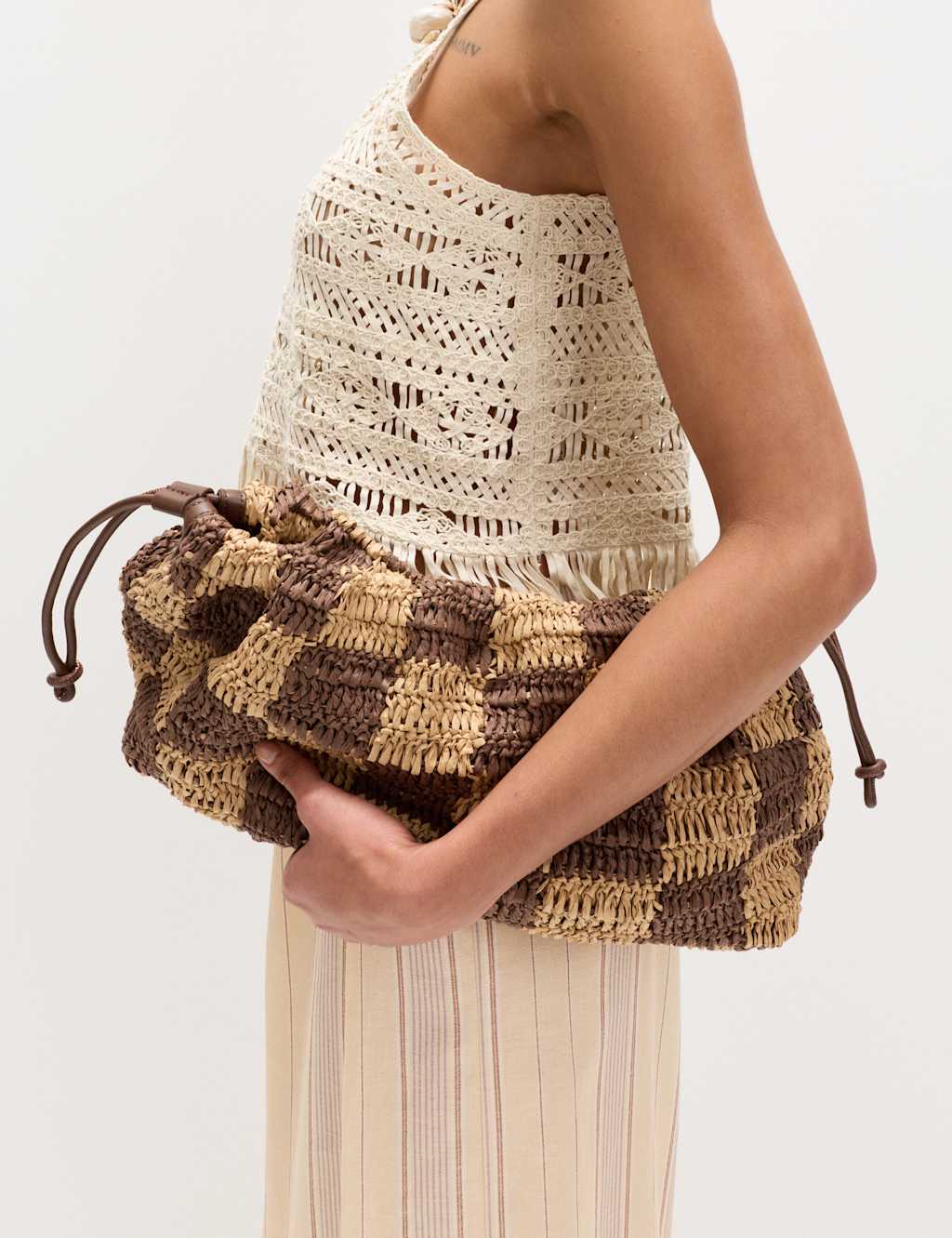 M&S Women's Straw Check Drawstring Beach Bag - Natural Mix