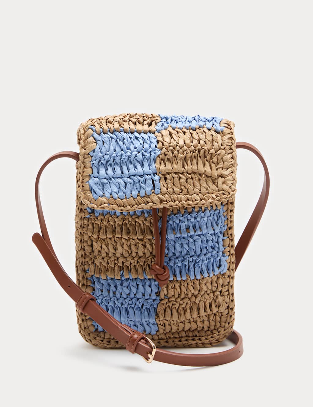 M&S Women's Straw Checkerboard Cross Body Bag - Natural Mix