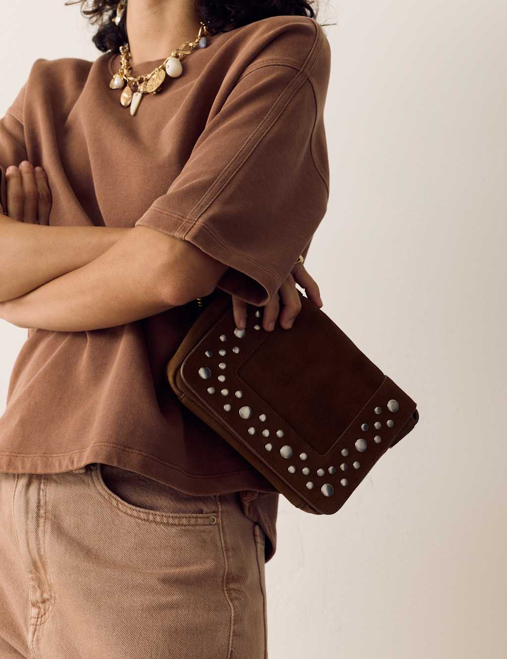 Per Una Women's Suede Studded Cross Body Bag - Chestnut