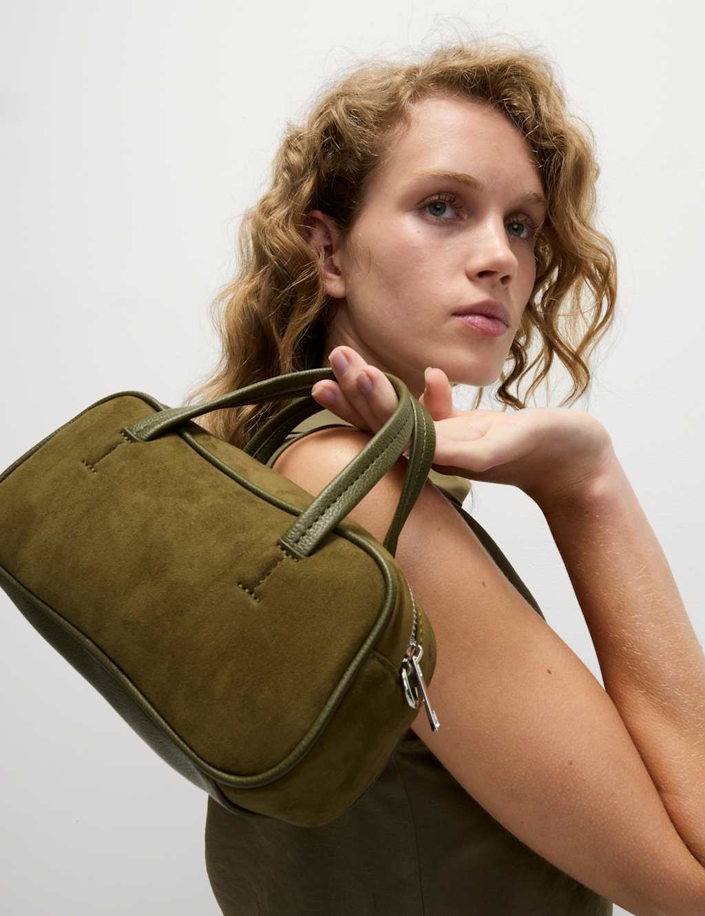 M&S Suedette Mini Bowler Cross Body Bag Olive