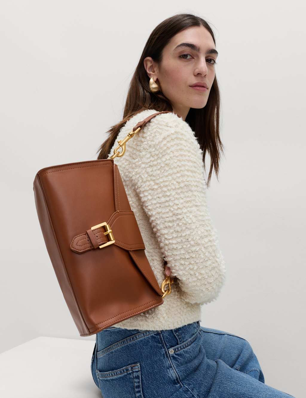 M&S Faux Leather Buckle Shoulder Bag Cognac