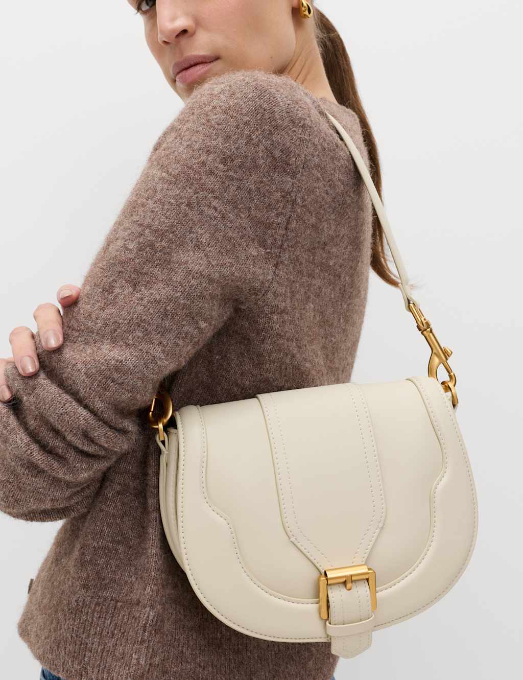 M&S Women's Buckle Detail Cross Body Saddle Bag - Cream