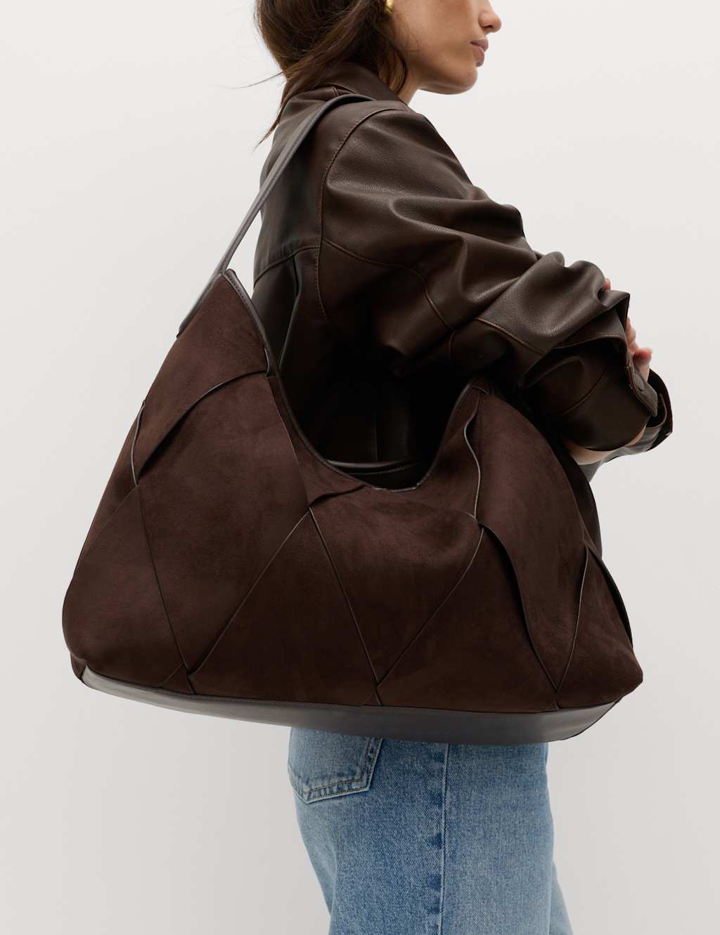 M&S Women's Faux Suede Woven Large Shoulder Bag - Bitter Chocolate