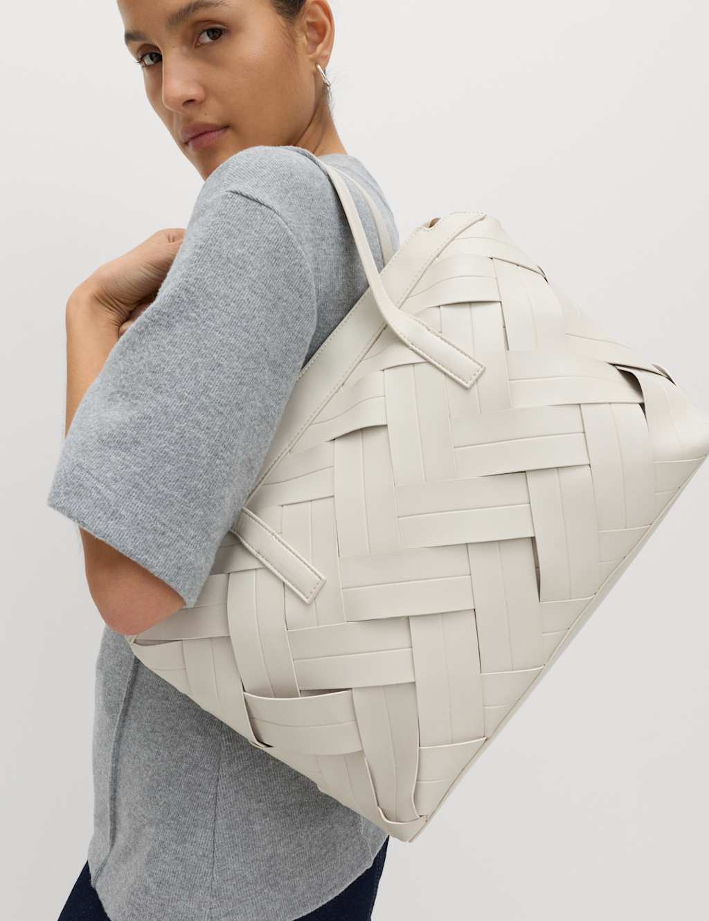 M&S Women's Faux Leather Woven Shoulder Bag - Cream
