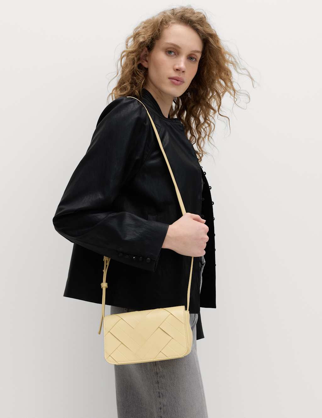 M&S Women's Faux Leather Woven Mini Cross Body Bag - Buttermilk